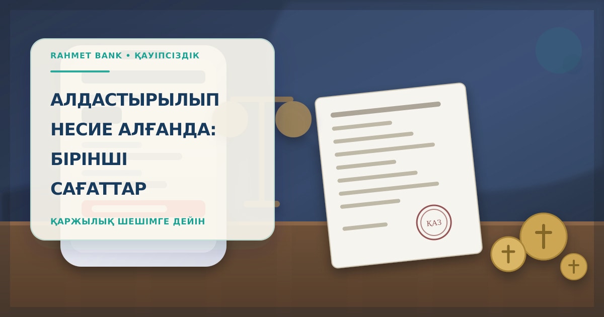Иллюстрация: стол с кредитной заявкой, банковской картой и телефоном в сцене проверки мошеннического кредита, без людей и брендов.