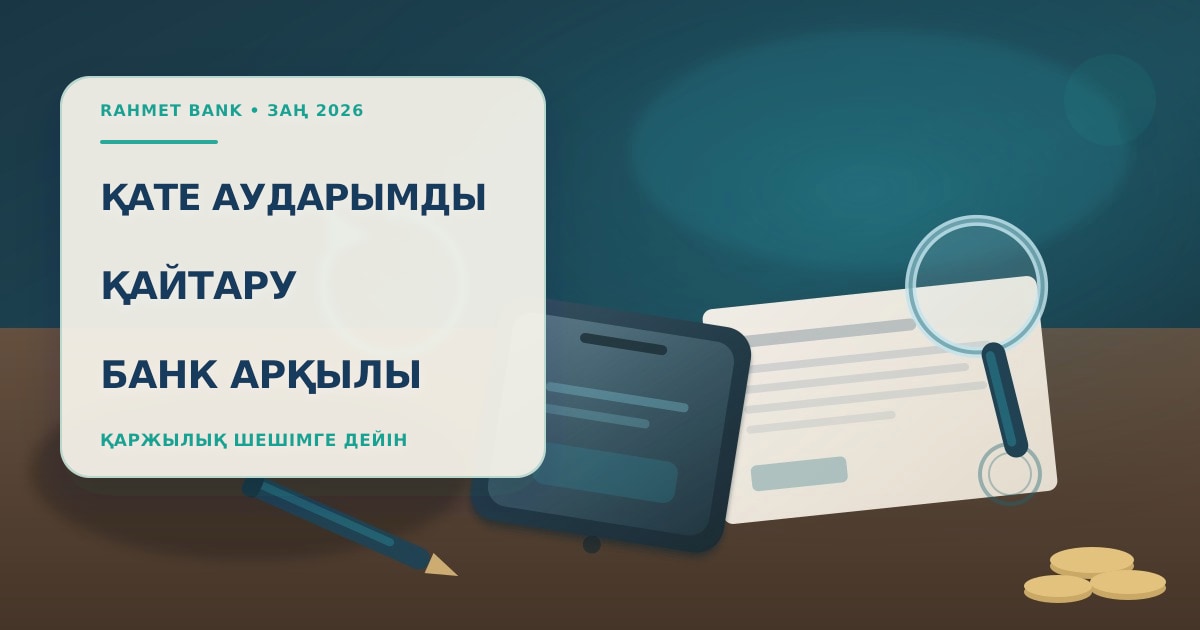 Редакционная иллюстрация к статье о возврате ошибочного платежа по номеру телефона через банк в Казахстане: смартфон, квитанция перевода, лупа и монеты на столе, без людей