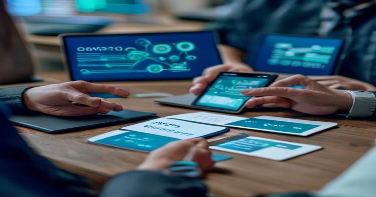 Клиент подтверждает доступ Open Banking: смартфон, банковские карточки, схема согласия и аналитик за ноутбуком